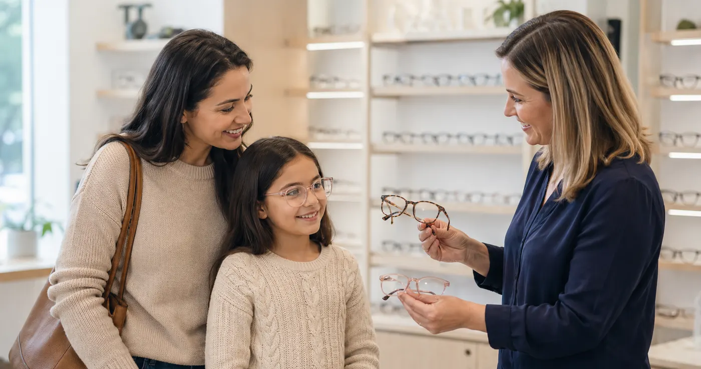 Patient choosing prescription glasses with help from an optical specialist